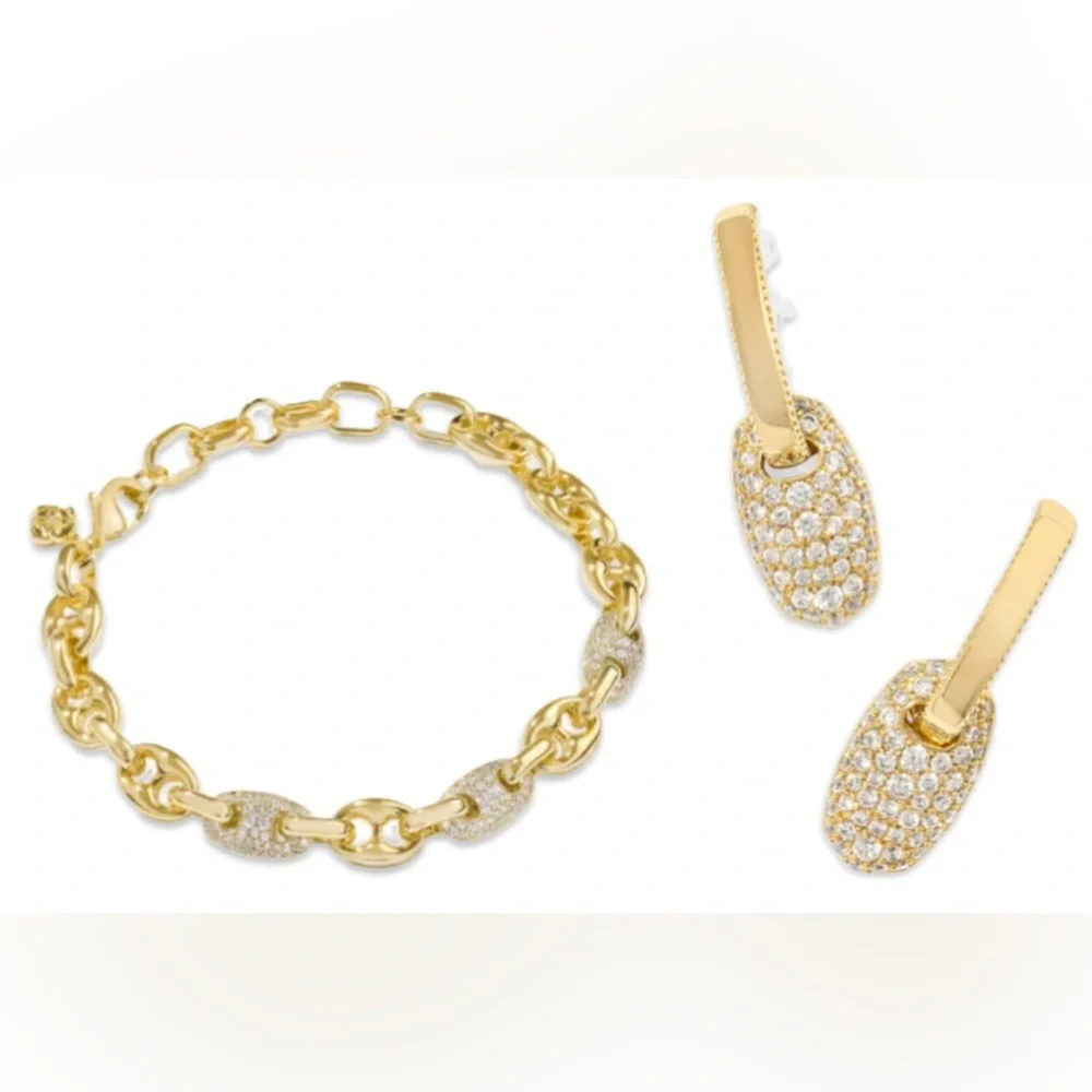 NWT Lot of 2x [Kendra Scott] Bailey Gold Pave Chain Bracelet & Huggie Earrings - Picture 2 of 11